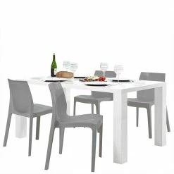 Weißer Hochglanztisch & Vier Stühle - Rochella (fünfteilig)