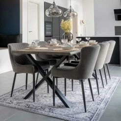 X Fuß Eichentisch & Samt Polsterstühle - Mucenna (siebenteilig)